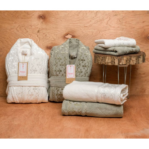 ست حوله عروس و داماد دو قلو 10 تکه FORZA رنگ سبز و کرم شیری سایز M-L 