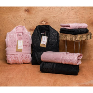 ست حوله عروس و داماد دو قلو 10 تکه FORZA رنگ مشکی و صورتی  سایز M-L 