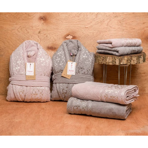 ست حوله عروس و داماد دو قلو 10 تکه FORZA رنگ کرم نسکافه ای و وایولت سایز M-L 