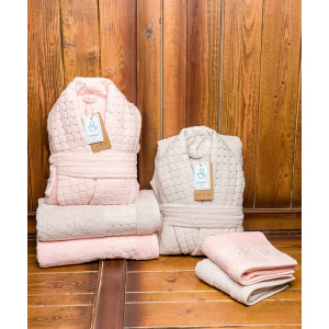 ست حوله عروس و داماد دو قلو 10 تکه SWAN مدل اسپشیال کرم و کالباسی سایز M-L 