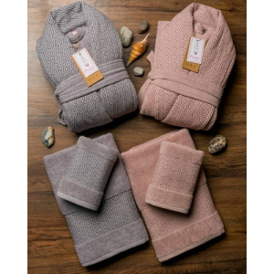 ست حوله عروس و داماد دو قلو 10 تکه fiore مدل آنیل طوسی صورتی سایز M-L 