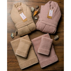 ست حوله عروس و داماد دو قلو 10 تکه fiore مدل آنیل نسکافه ای صورتی کثیف سایز M-L 