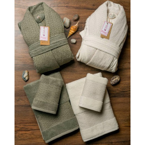 ست حوله عروس و داماد دو قلو 10 تکه fiore مدل آنیل سبز سدری کرم سایز M-L 