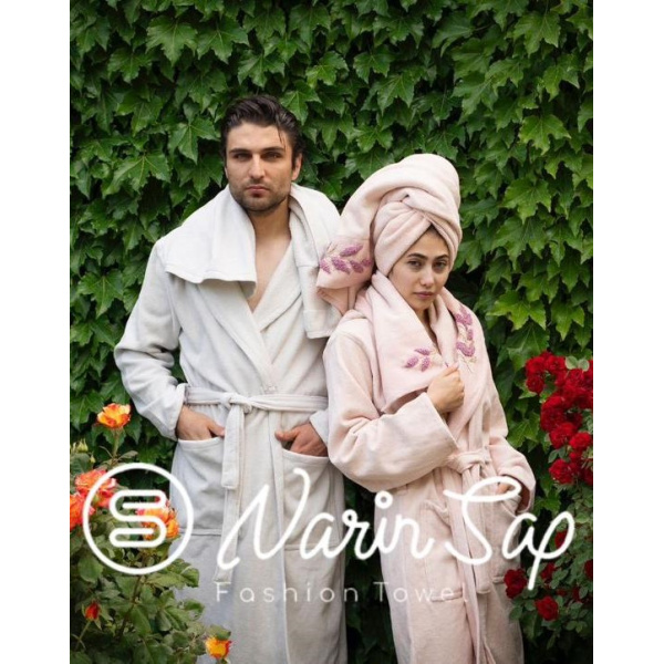 ست حوله عروس و داماد دو قلو 10 تکه narin sap مدل ecco رنگ طوسی روشن و صورتی سایز M-L