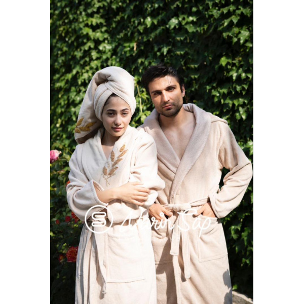 ست حوله عروس و داماد دو قلو 10 تکه narin sap مدل ecco رنگ کرم نسکافه ای  و کرم سایز M-L