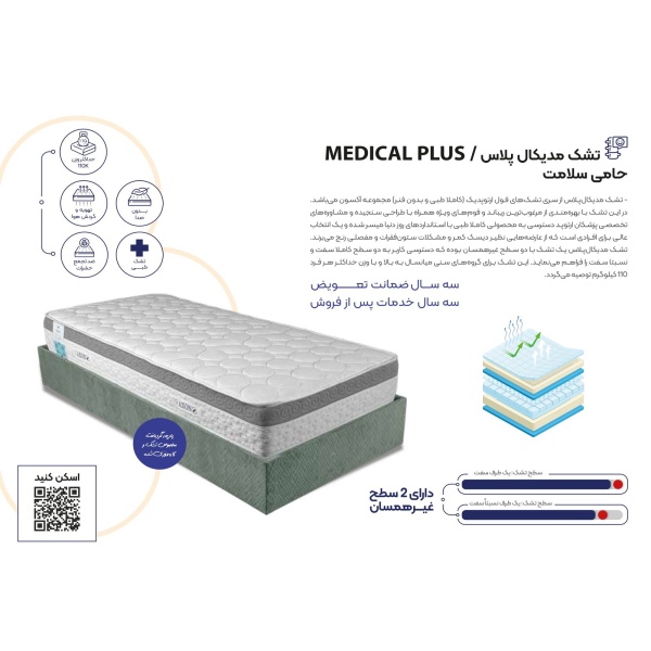 تشک طبی فنری یک نفره آکسون مدل مدیکال پلاس MEDICAL PLUS سایز 120×200 سانتی متر