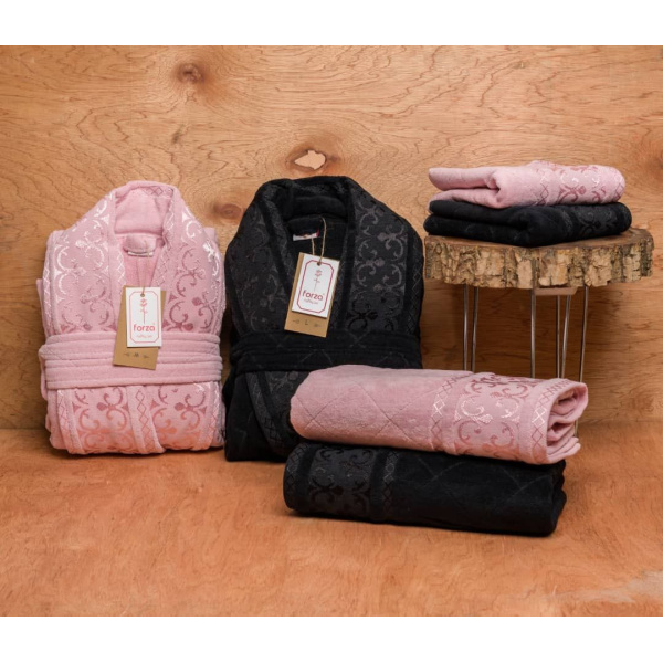 ست حوله عروس و داماد دو قلو 10 تکه FORZA رنگ مشکی و صورتی  سایز M-L 