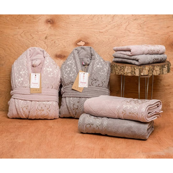 ست حوله عروس و داماد دو قلو 10 تکه FORZA رنگ کرم نسکافه ای و وایولت سایز M-L 