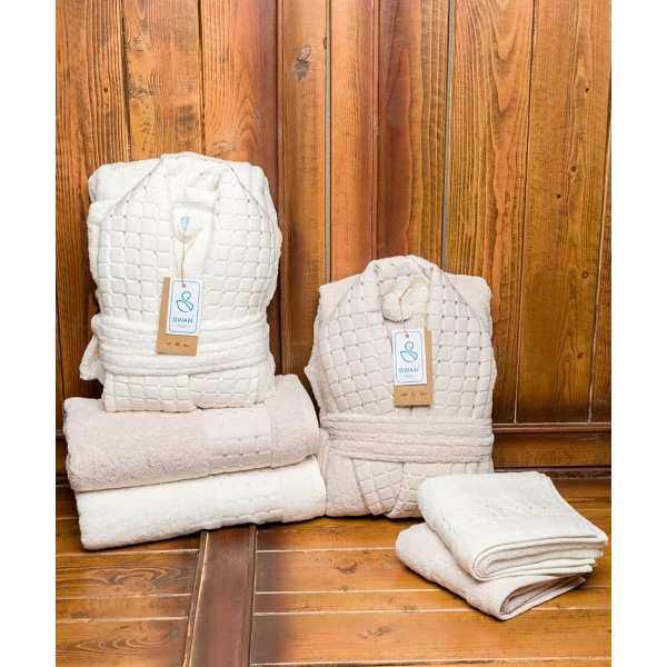 ست حوله عروس و داماد دو قلو 10 تکه SWAN مدل اسپشیال کرم و سفید  سایز M-L 