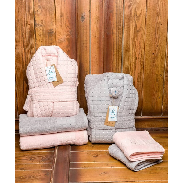 ست حوله عروس و داماد دو قلو 10 تکه SWAN مدل اسپشیال طوسی فیلی و صورتی سایز M-L 