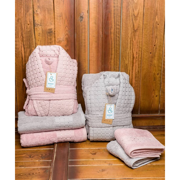 ست حوله عروس و داماد دو قلو 10 تکه SWAN مدل اسپشیال طوسی فیلی و کالباسی  سایز M-L 