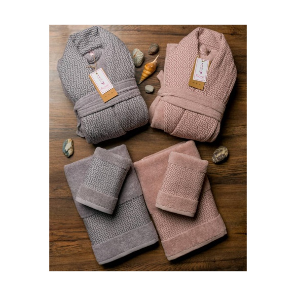 ست حوله عروس و داماد دو قلو 10 تکه fiore مدل آنیل طوسی صورتی سایز M-L 