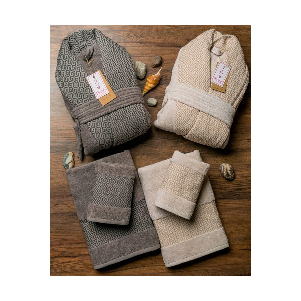 ست حوله عروس و داماد دو قلو 10 تکه fiore مدل آنیل طوسی تیره کرم سایز M-L 