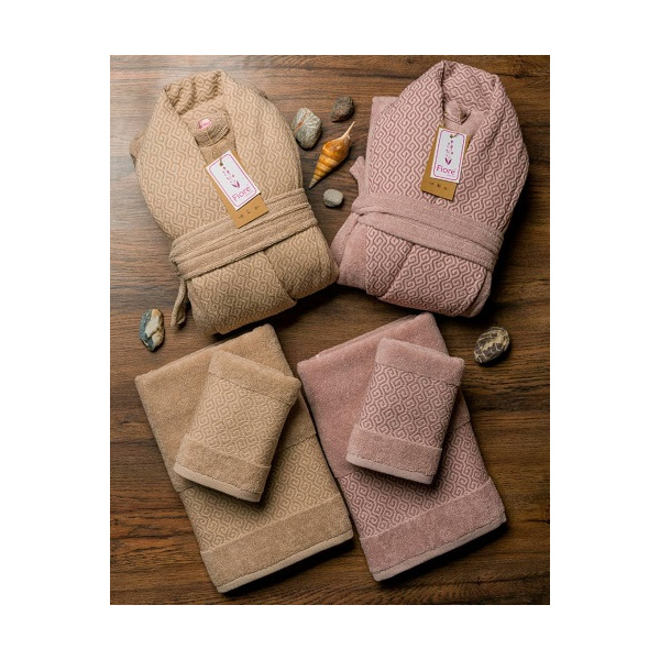 ست حوله عروس و داماد دو قلو 10 تکه fiore مدل آنیل نسکافه ای صورتی کثیف سایز M-L 