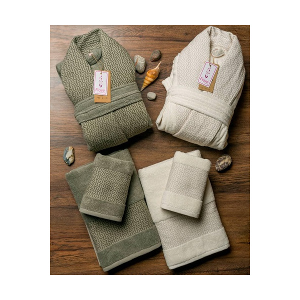 ست حوله عروس و داماد دو قلو 10 تکه fiore مدل آنیل سبز سدری کرم سایز M-L 